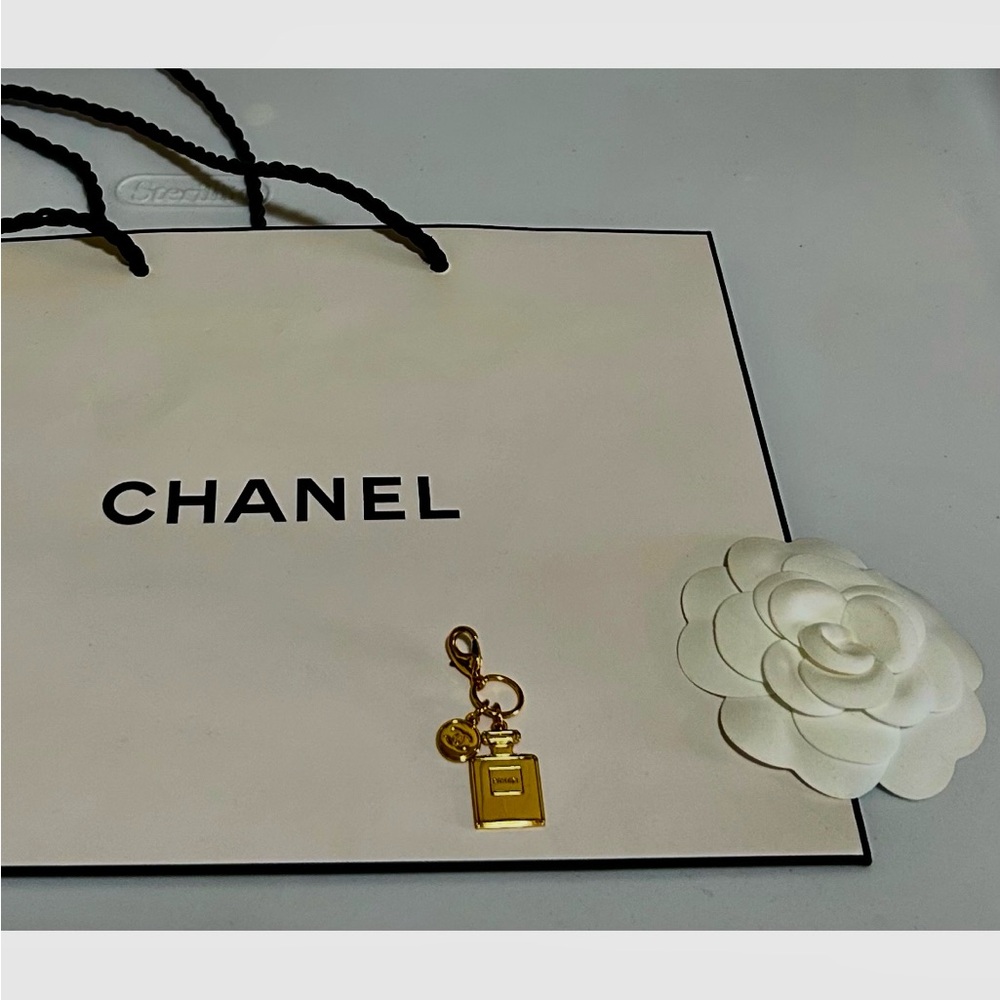 AUTHENTIC CHANEL Perfume Bottle Bag Charm, Camellia Flower & Gift Bag